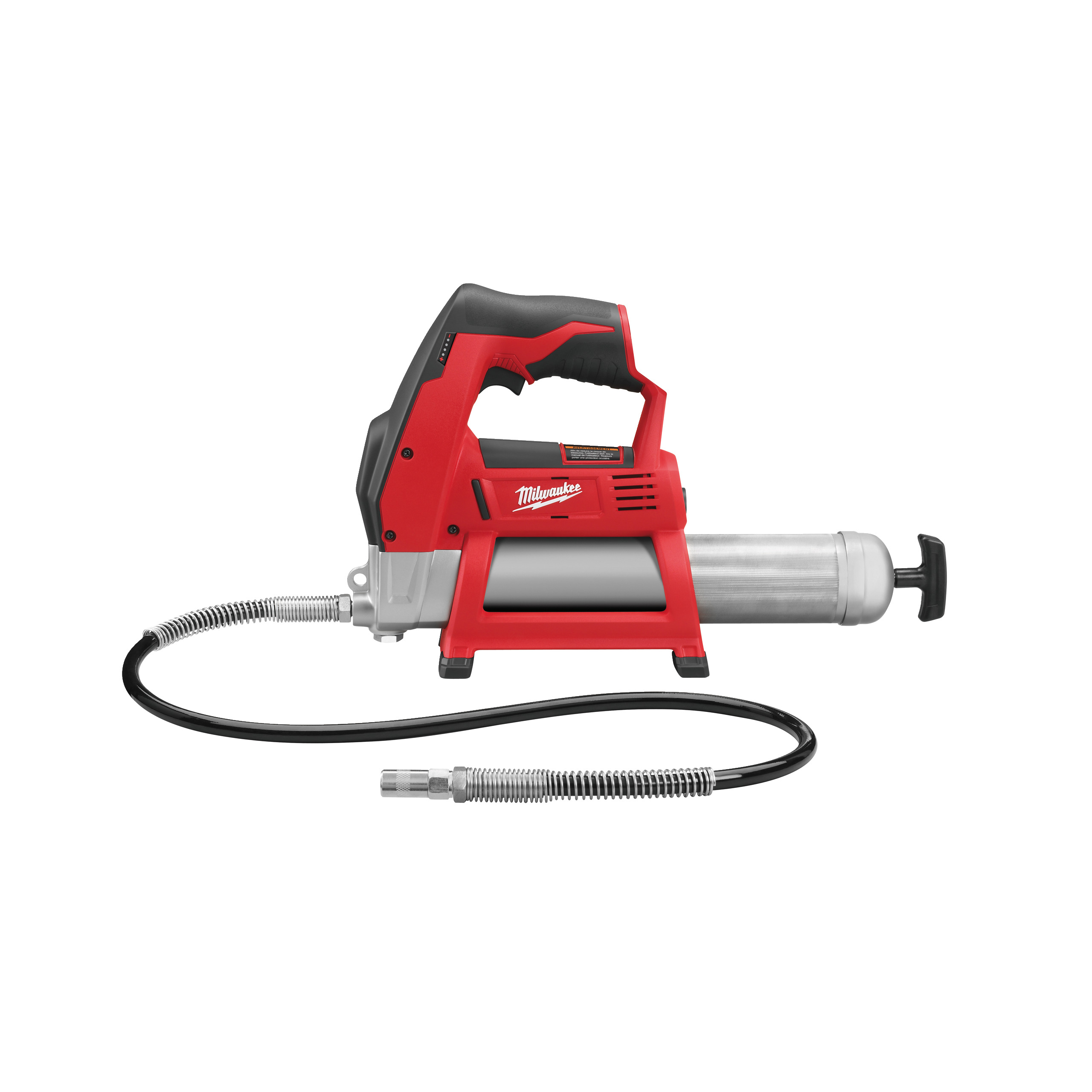 A red and silver cordless grease gun with a flexible hose and nozzle.