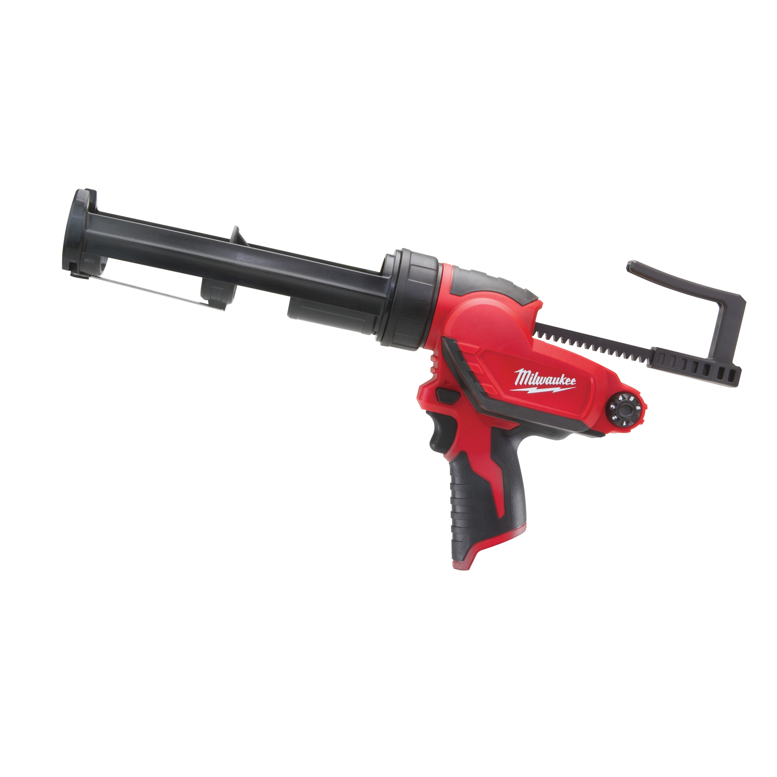 Milwaukee cordless caulking gun with a red and black design.