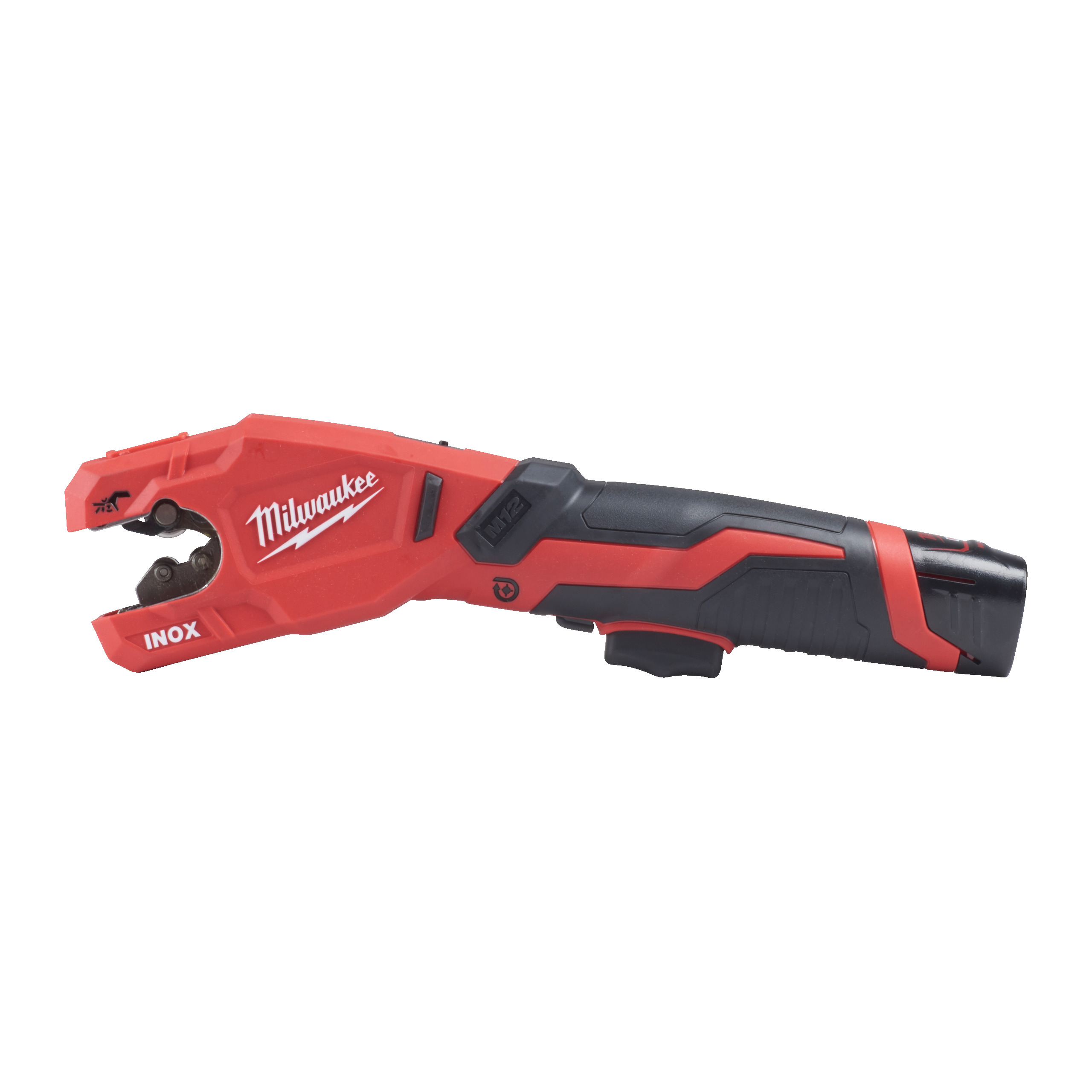 A Milwaukee brand tool featuring a red and black design, designed for cutting with a distinctive angled cutting head.