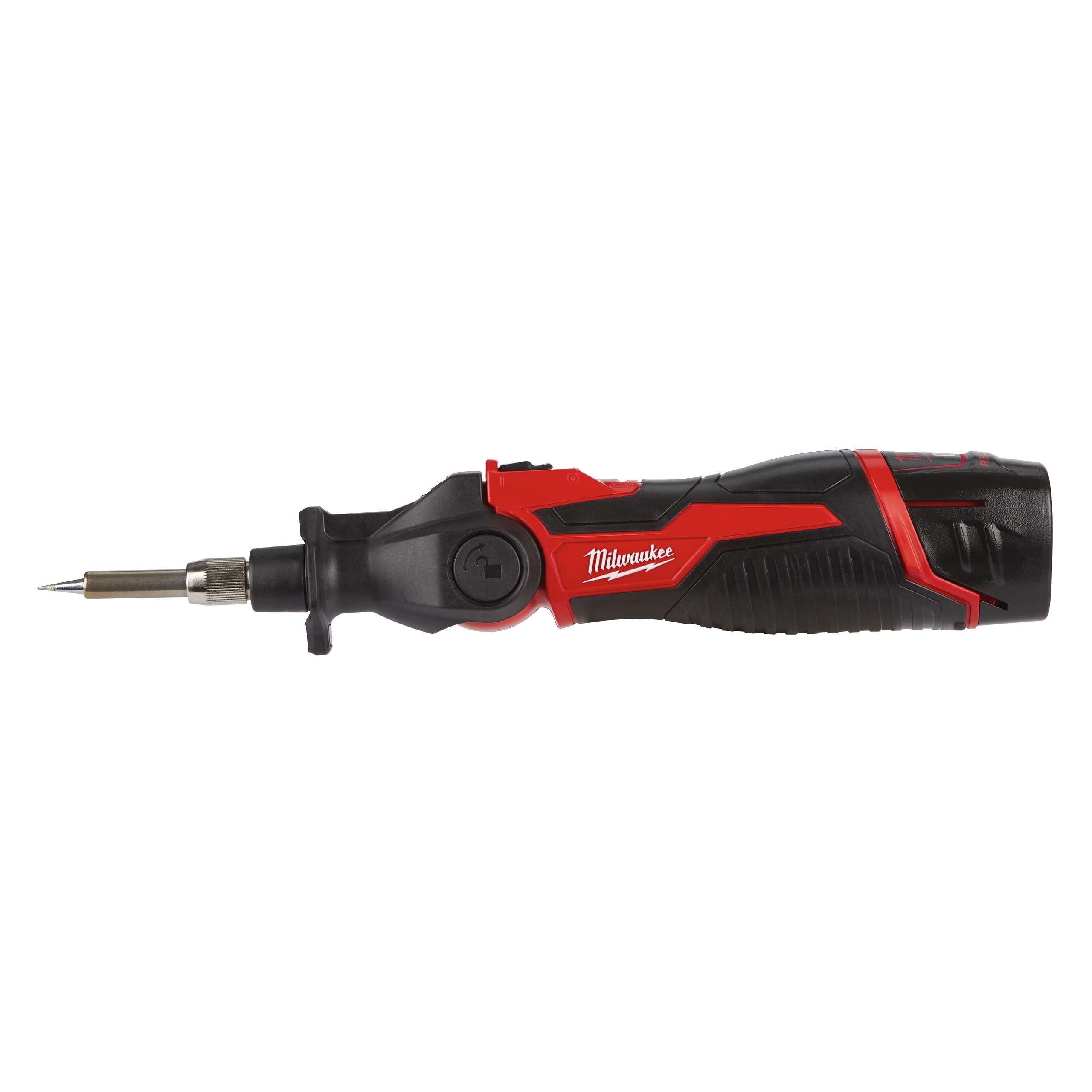 A Milwaukee electric screwdriver featuring a black and red design with a pointed tip.