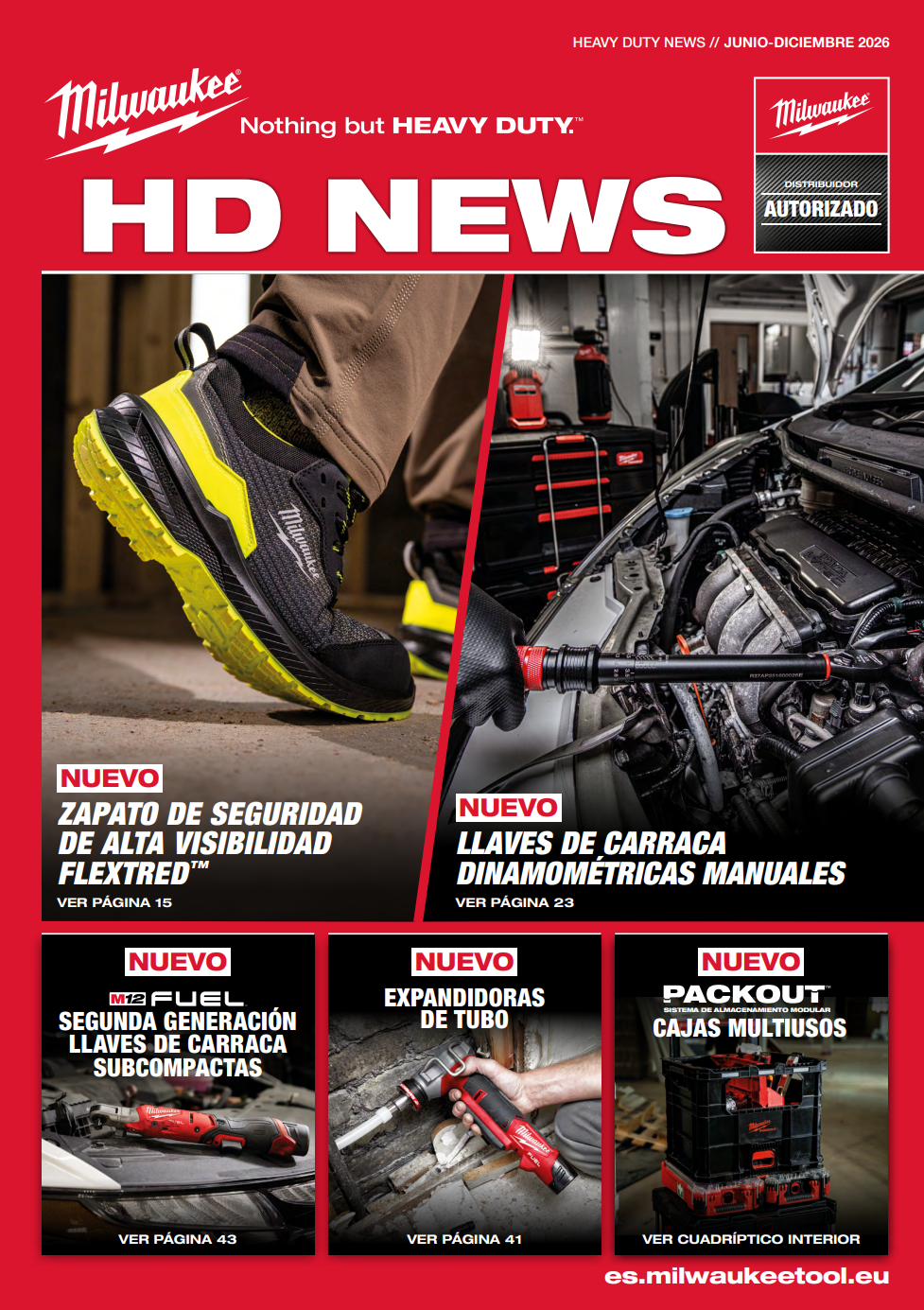 Portada de la revista HD News de Milwaukee con productos nuevos como zapatos de seguridad, llaves de carraca y sistemas de almacenamiento.